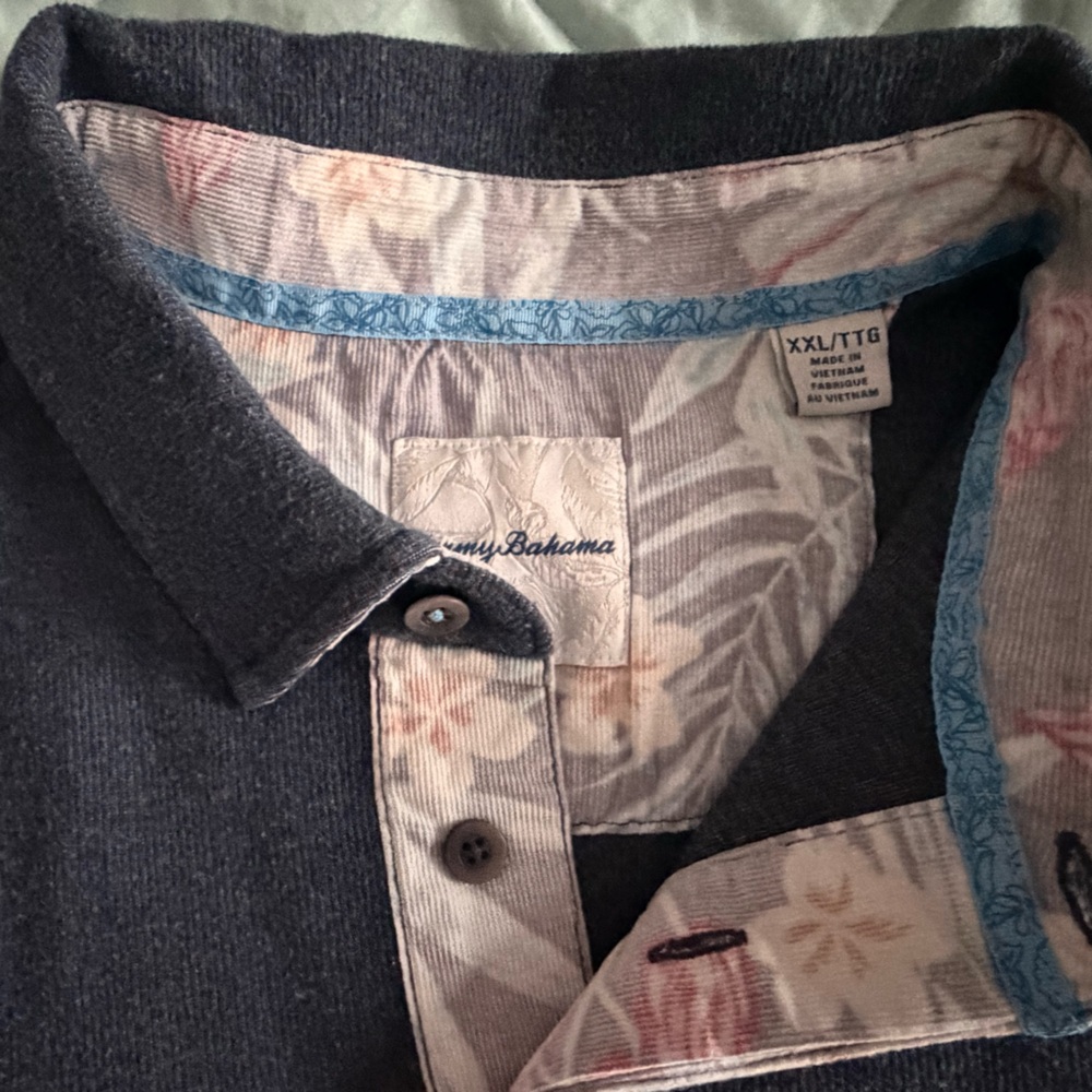 Tommy Bahama washed blue Casual Button Down Shirt with floral corduroy accents .